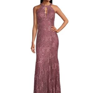 R & M Richards Lace Halter Maxi Dress in Mauve /purple